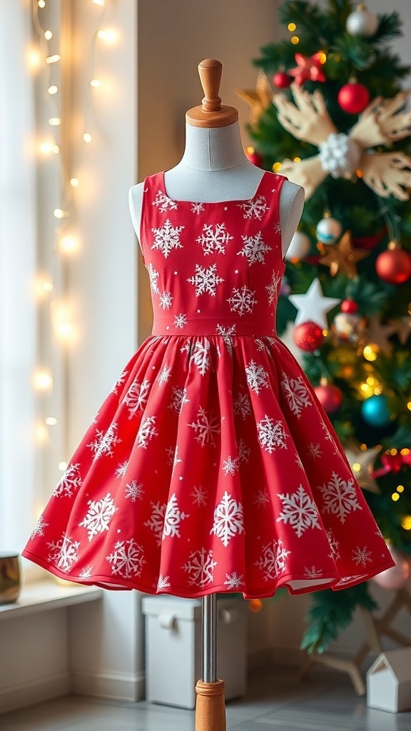 DIY Christmas Dress Tutorial A red Christmas dress with white snowflakes on a dress form, surrounded by holiday decorations.